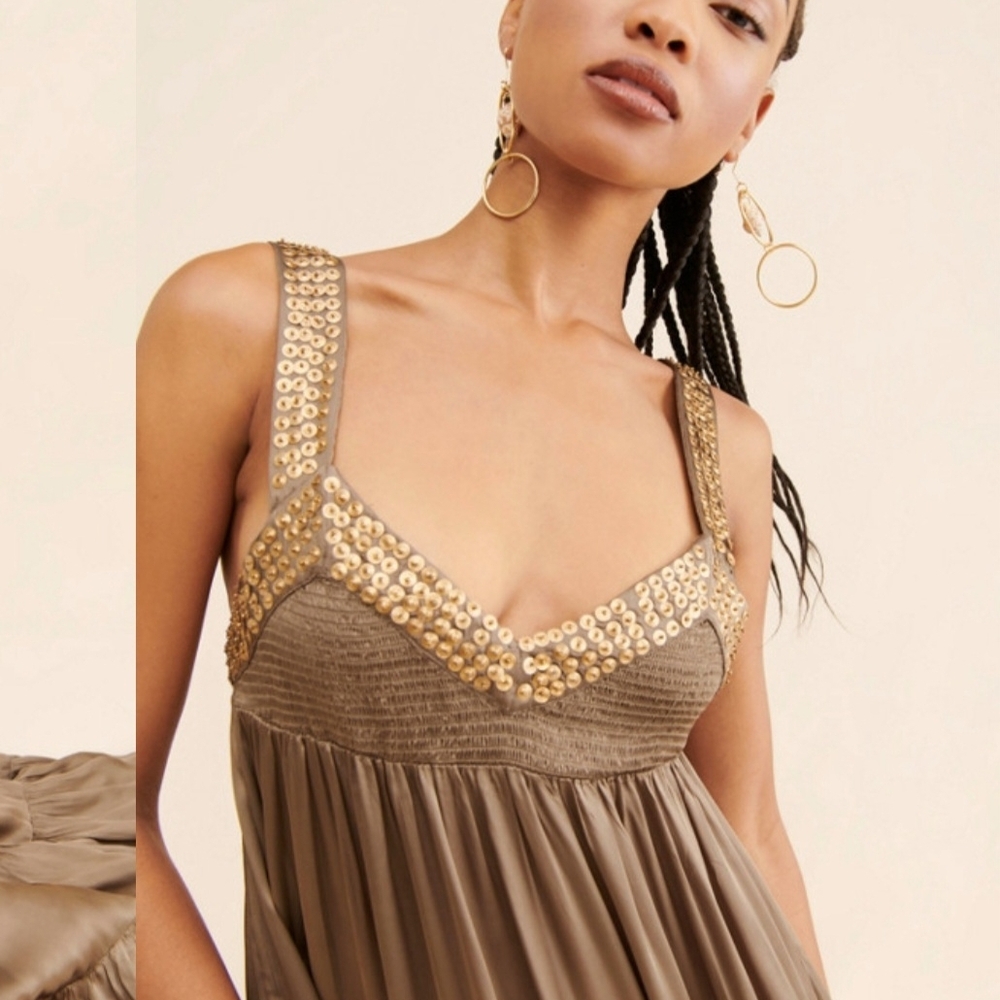 NWT Free People Isadora Gold Sequin Embellished Dress L